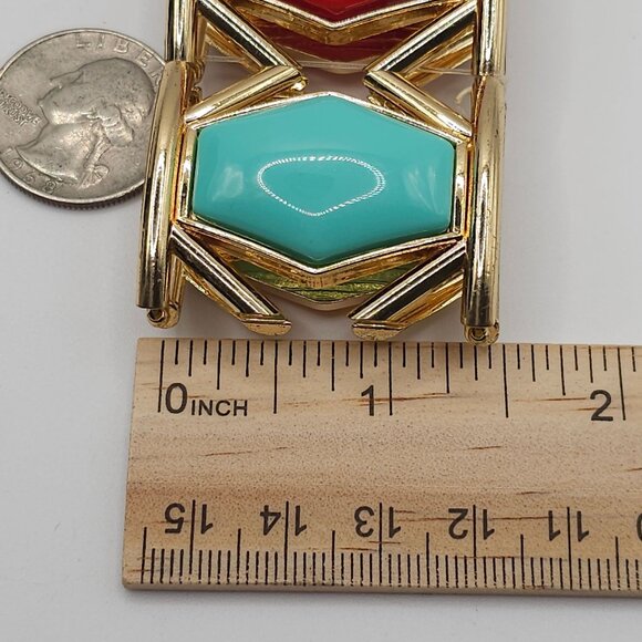 Boho Modern Chic Stmt GoldTone Red/Yellow/Aqua Gem Geometric Bangle Bracelet - Picture 11 of 13